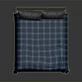 Bedroom Bed With Blue Plaid Bedspread Two Gray Pillows And Black Headboard