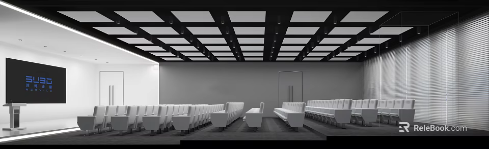 Modern Conference Room Interior With White Seating Grid Ceiling And Lighting 3d model 