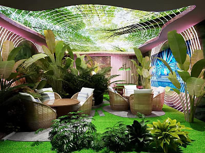 Tropical KTV Interior With Green Plants Rattan Furniture And Colorful Lighting 3d model