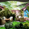 Tropical KTV Interior With Green Plants Rattan Furniture And Colorful Lighting