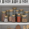 Organized Storage Shelves For Kitchen With Glass Jars Storage Boxes And Food Baskets