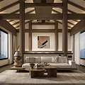 Cozy Hotel Guest Room With Wooden Beams Large Windows And Mountain View