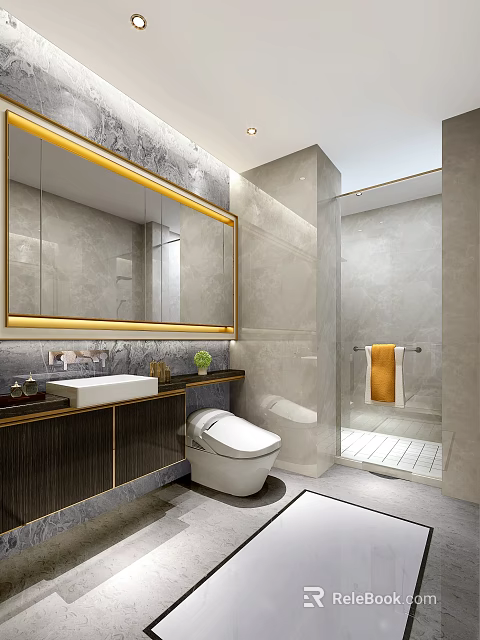 Luxury Modern Bathroom With Marble Finishes Smart Toilet Backlit Mirror And Separate Glass Shower Area 3d model 
