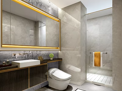 Luxury Modern Bathroom With Marble Finishes Smart Toilet Backlit Mirror And Separate Glass Shower Area 3d model