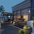 Modern Clubhouse Exterior Featuring Glass Facade Wooden Deck Plants And Interior Lounge Seating