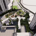Modern High Rise Residential Landscape With Pool White Swan Sculptures And Green Trees