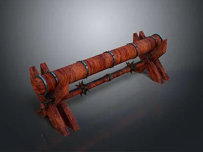 Scenic Outdoor View With Ancient Red Wooden Machinery And Blue Rings Spikes 3d model