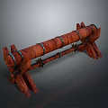 Scenic Outdoor View With Ancient Red Wooden Machinery And Blue Rings Spikes