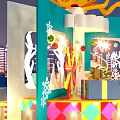 Christmas Gift Box Decoration With Yellow Ribbon Snowflakes And Candles In City Night View
