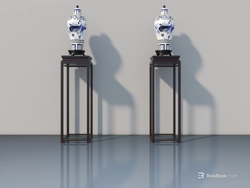 Two Black Wooden Chinese Style Plant Stands With Blue And White Porcelain Vases 3d model 