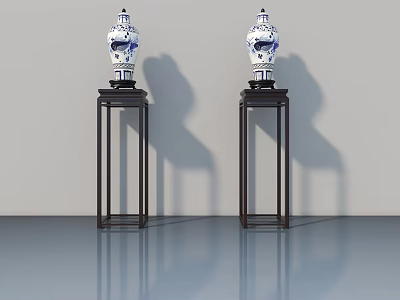 Two Black Wooden Chinese Style Plant Stands With Blue And White Porcelain Vases 3d model