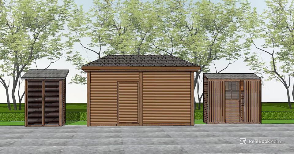 Wooden Garden Sheds Featuring Different Designs With Green Trees And Slate Path 3d model 