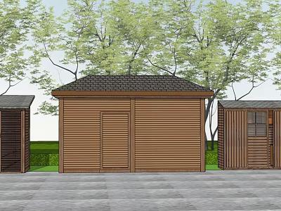 Wooden Garden Sheds Featuring Different Designs With Green Trees And Slate Path 3d model