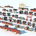 Ancient Architecture Models Featuring Various Traditional Roofs Red Walls And Gates 3d model