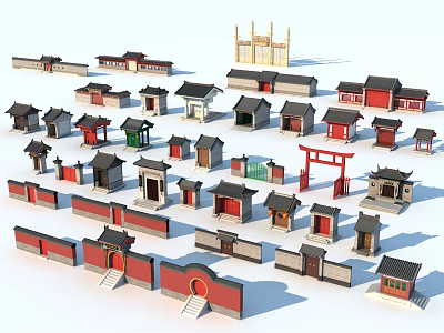 Ancient Architecture Models Featuring Various Traditional Roofs Red Walls And Gates 3d model