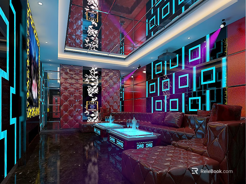 Luxurious KTV Lounge Interior With Colorful Lighting Geometric Wall Patterns And Leather Sofas 3d model 