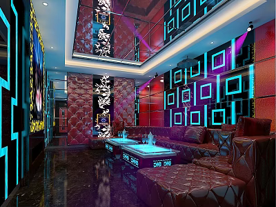 Luxurious KTV Lounge Interior With Colorful Lighting Geometric Wall Patterns And Leather Sofas 3d model