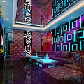 Luxurious KTV Lounge Interior With Colorful Lighting Geometric Wall Patterns And Leather Sofas 3d model