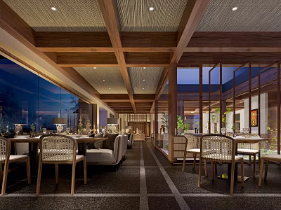 Spacious Restaurant Interior Design With Wooden Ceiling Large Windows Tables Chairs Green Plants And Lighting 3d model
