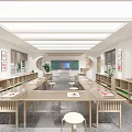 Bright School Reading Room Interior With Long Tables Bookshelves And Wall Decorations