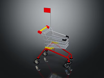 Kids Playing With Red Shopping Cart Featuring Yellow Accents And Small Flag 3d model