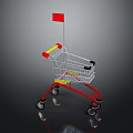 Kids Playing With Red Shopping Cart Featuring Yellow Accents And Small Flag