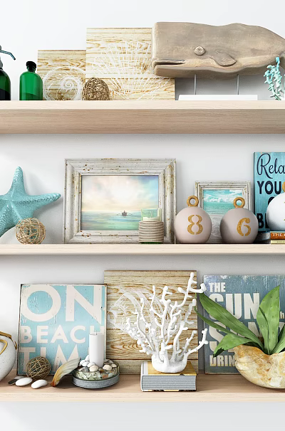 Coastal Decorative Ornament Set on Wooden Shelves with Whale Figurine Coral Starfish and Potted Plant 3d model