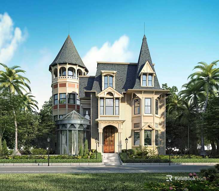 Elegant Detached Villa With Tower Pointed Roof Beige Exterior Dark Roof Palm Trees And Lawn 3d model 