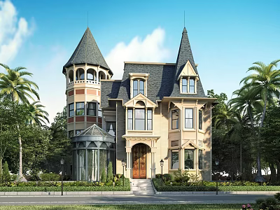 Elegant Detached Villa With Tower Pointed Roof Beige Exterior Dark Roof Palm Trees And Lawn 3d model