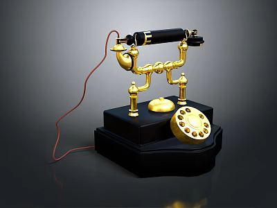 Vintage Gold And Black Electronic Telephone With Rotary Dial And Red Cord 3d model