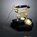 Vintage Gold And Black Electronic Telephone With Rotary Dial And Red Cord