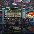 Stylish Bar Interior With Purple Flower Decor Umbrellas Neon Lights Chinese Style Bar Counter Wine Racks