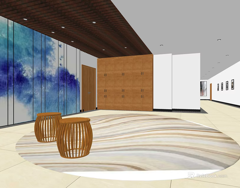 Modern Elevator Lobby Interior With Blue Art Wall Wooden Lockers Circular Carpet And Wooden Stools 3d model 