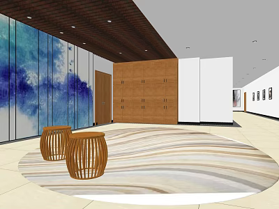 Modern Elevator Lobby Interior With Blue Art Wall Wooden Lockers Circular Carpet And Wooden Stools 3d model