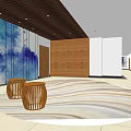 Modern Elevator Lobby Interior With Blue Art Wall Wooden Lockers Circular Carpet And Wooden Stools