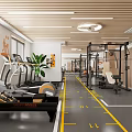 Modern Fitness Gym Interior With Squat Racks Barbells Workout Benches Mirrors And Marked Yellow Floors