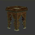 Artistic Wooden Stool With Hexagonal Top And Intricate Carved Patterns 3d model
