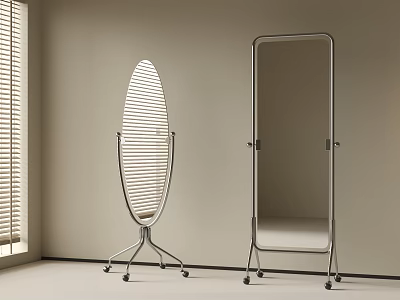 Oval And Rectangular Mirrors With Metal Frames And Wheels In Light Colored Room With Blinds 3d model