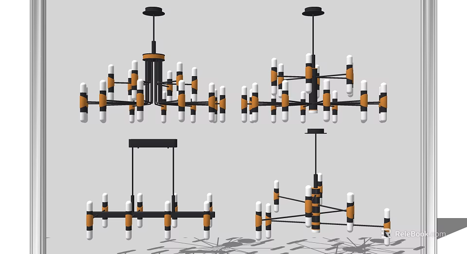 Modern Chandelier Design Showcasing Black Orange Structure And White Cylindrical Components 3d model