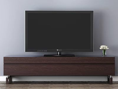 Dark Wood TV Stand With Flat Screen TV And White Flower Vase Against Gray Wall 3d model