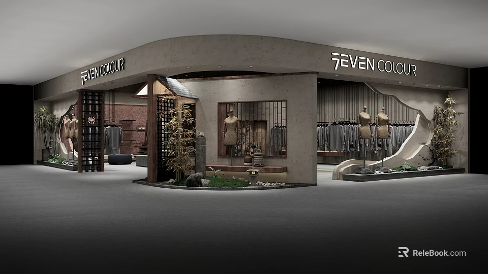 Feven Colour Big Moon Clothing Store Modern Design With Display Windows And Mannequins 3d model 