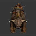 Game Movie Character Rhinoceros With Large Horns And Stacked Weapons On Back
