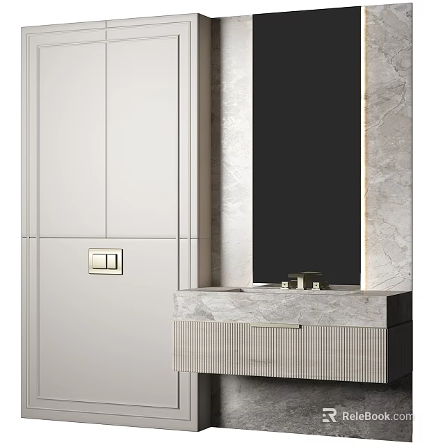 Elegant Modern Bathroom Cabinet Featuring White Finish Marble Countertop Wall Mirror And Drawer Storage 3d model 