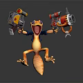 Orange Lizard Character Holding Saw Gun And Cannon With Blue Jacket Open Mouth
