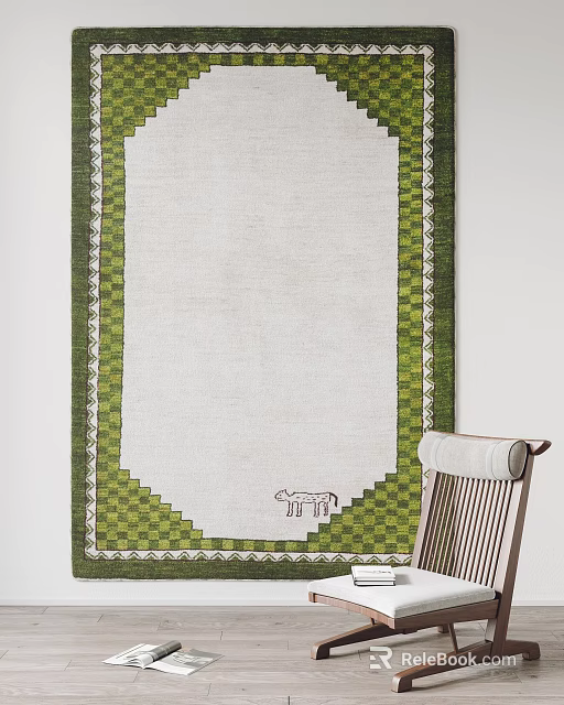 Elegant Square Rug With White Center Green Checkerboard Border And Decorative Logo 3d model 