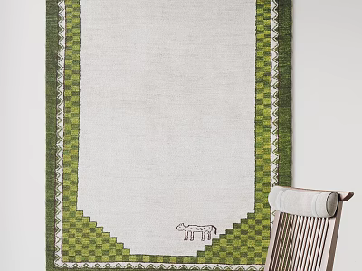 Elegant Square Rug With White Center Green Checkerboard Border And Decorative Logo 3d model