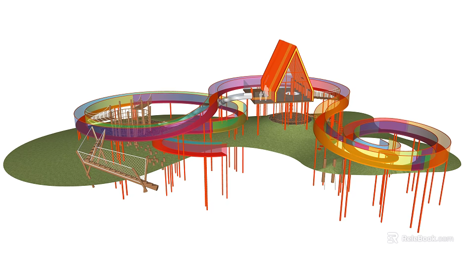 Colorful Circular Road Facilities With Orange Roof Supporting Pillars And Green Ground Structures 3d model 
