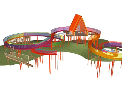 Colorful Circular Road Facilities With Orange Roof Supporting Pillars And Green Ground Structures 3d model