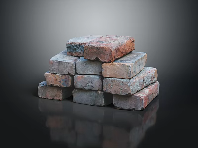 Stacked Bricks with Red and Gray Textured Surfaces on Dark Background with Reflection 3d model