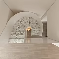 Modern Interior Space With Display Wall Spiral Staircase And Spherical Lamps